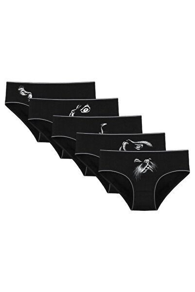 Donella Set of 5 panties, 3171RM, cat pattern, black, cotton, Donella-L INTL