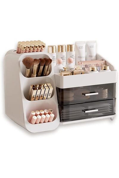 Arabest منظم مكياج بأدراج، علبة تخزين مستحضرات تجميل واسعة لسطح الطاولة
