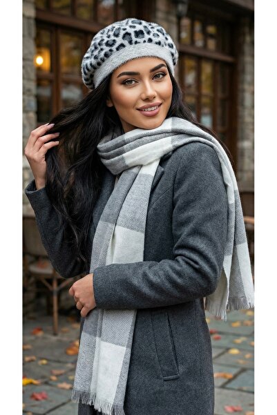 CAP BROS Set beretă de pictor cu pene de leopard și Kaşkol pufos