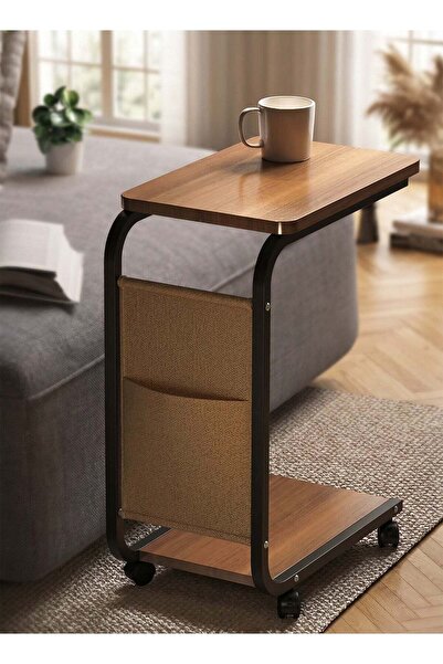 Taimi 1 Modern C-Shaped End Table with Wheels and Side Pocket, Sofa , Bed -Brown Color with Black Frame