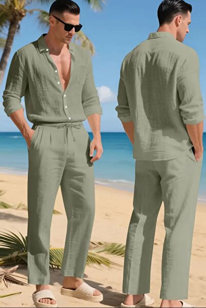 NO 601 طقم قميص صيفي من الموسلين باللون الأخضر للرجال وبنطلون باللون الأخضر