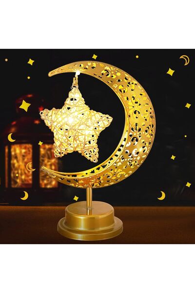 Pomefar أضواء زينة رمضانية، مصباح طاولة ليلي دافئ أبيض على شكل هلال ونجمة لرم...