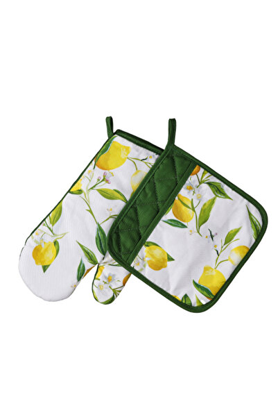 REVE طقم مكون من قطعتين من القطن مطبوع الليمون، يتضمن حامل أواني وقفازات.