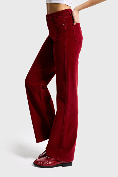 it's basic Women's Burgundy 29W5-35 Straight Cropped Fit Elastane Velvet Fabric Trousers