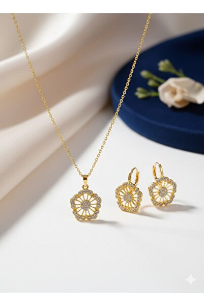 Shiklik Gold Color Flower Figured Zircon Stone Necklace Earring Set