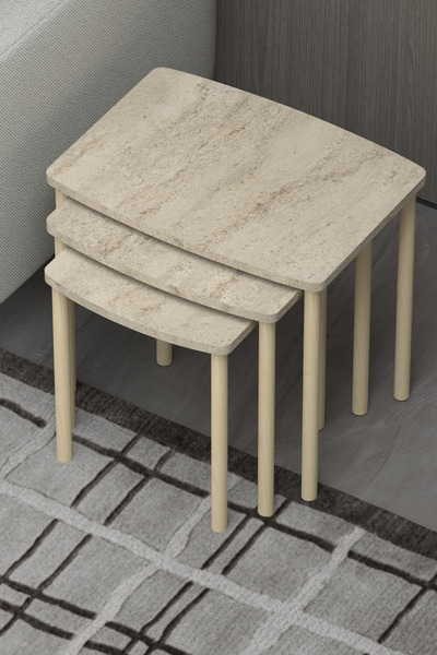 DESENGO Traverten Geniş Yüzeyli Modern 3lü Zigon Zehpası Servis Sehpası Çay S...