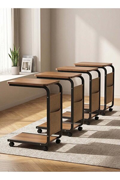 Taimi Set of 4 Modern C-Shaped End Table with Wheels and Side Pocket, Sofa ,Brown Color with Black Frame