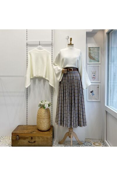 Faya Boutique Vizon Deri Kemerli Ekoseli Grazia Etek