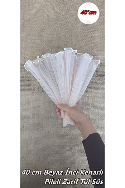 White Pearl Embroidered 40 cm Flower Tulle