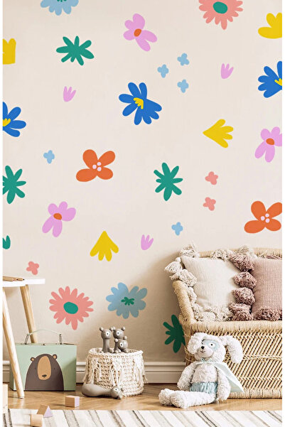 Sim Tasarım Minimal Retro Colorful Flowers Decorative Wall Sticker Set