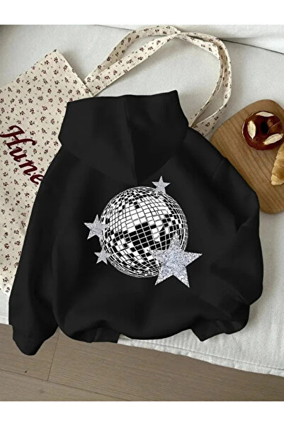 Baxia KıZ Çocuk AYNALI KÜRE BaskıLI Kapşonlu Sweatshirt SIYAH BEYAZ RENK HOOD...