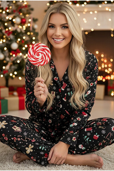 Siyah İnci Black Christmas-Themed Soft Textured Suede Buttoned Knitted Pajama Suit 7984