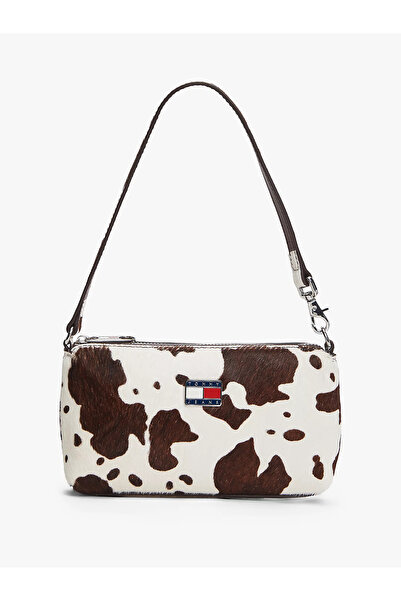 Tommy Hilfiger Women's Hairy Genuine Leather Zipper Closure Short Handle Inner Card Compartment White Shoulder Bag Aw0Aw18091-0K6