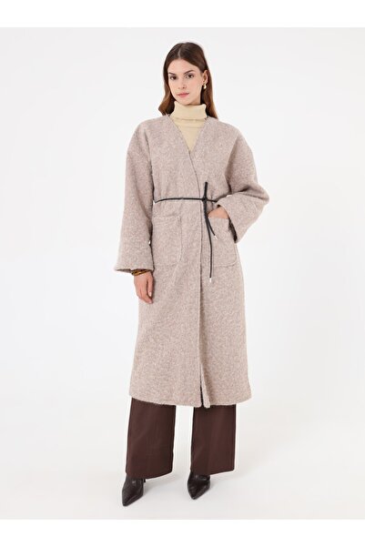 Refka Thick Cardigan with Leather Belt Detail - Stone Color -