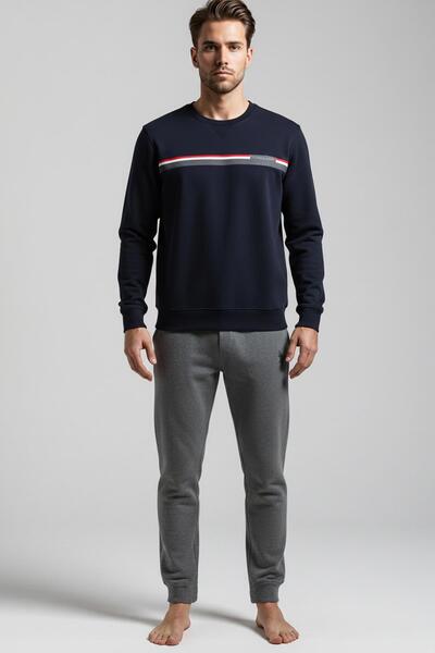 U.S. Polo Assn. Men's Plus Size Long Sleeve Navy Blue Color Chest Stripe Straight Leg Pajama Set C5T2N981