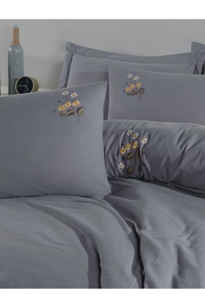 Şaheser Home Collection Poppy Embroidered Bedding Set, Elegant Floral Embroidery, 100% Cotton Fabric, 6-Piece Double Set