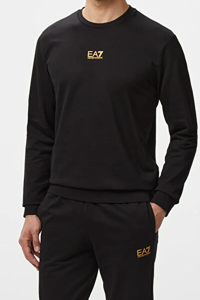 EA7 Erkek Tam Kalıp Bisiklet Yaka Logolu Sweatshirt - Siyah