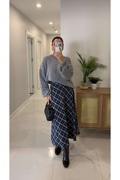 BİRCANÇİL تنورة كاوير منقوشة باللون الأزرق الداكن