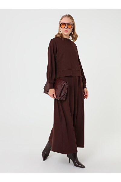 Benin Soft Textured Comfortable Sweatshirt & Skirt Set - Brown -