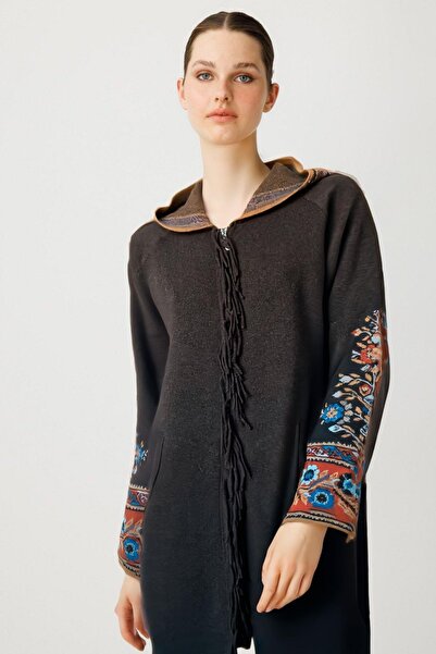 Desen Triko Women's Hooded Kilim Jacquard Tasseled Wool Coat Dark Brown