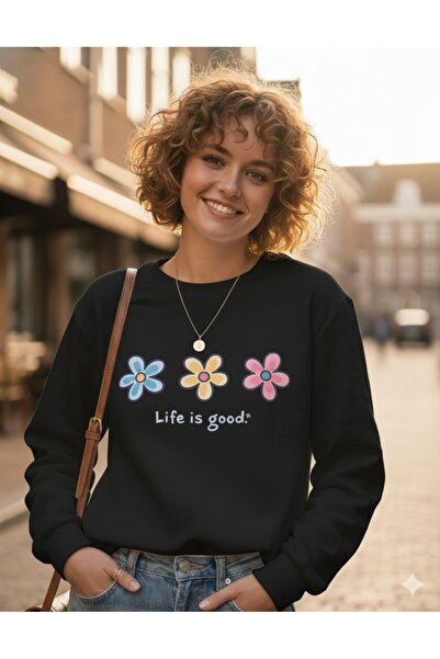 BW Bravely Wear سترة نسائية بياقة دائرية مطبوعة بعبارة 'الحياة جيدة' من PAPAT...