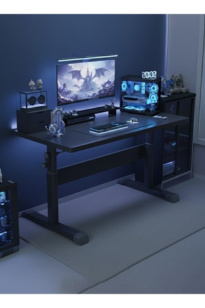 ESMART Large Height-Adjustable Gaming Desk with Steel Legs, Computer Table, Black - 80L x 60W x (65-90)H cm