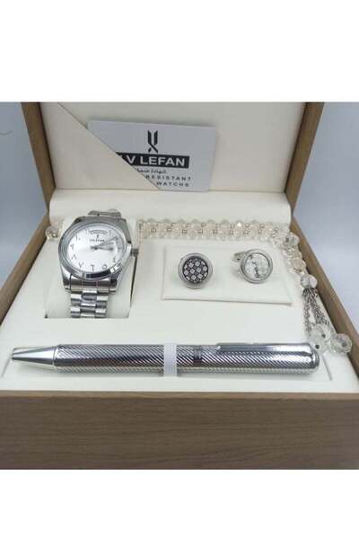 LEVAN طقم ساعة رجالية أنيقة كهدية، بأرقام عربية، وسوار فضي، ومينا أبيض مع عرض...