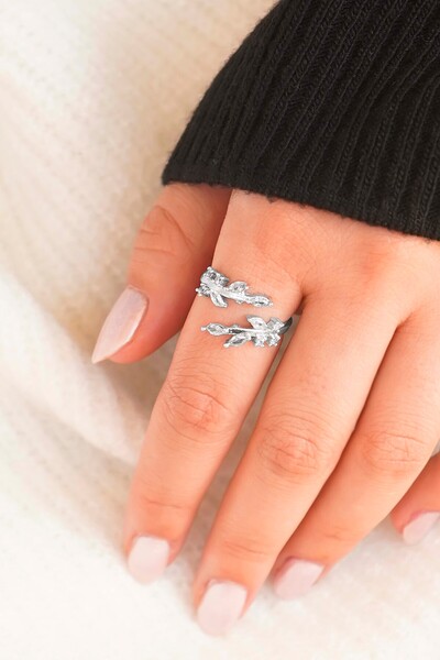 TREND COLLECTİON Gümüş Çift Yaprak Taşlı Açık Model Kadın Yüzük - Ayarlanabilir