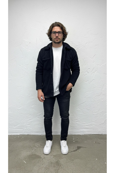 Fifty Color Erkek, Siyah, Düğmeli, Cep Detaylı, Peluş Sherpa, Kürk Yaka, Doku...