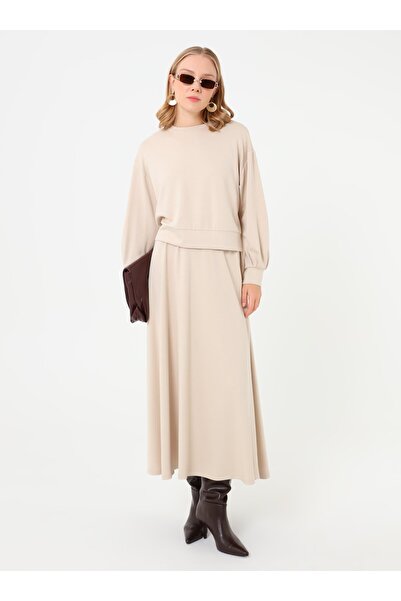 Benin Soft Textured Comfortable Fit Sweatshirt & Skirt Two-Piece Set - Stone Color -