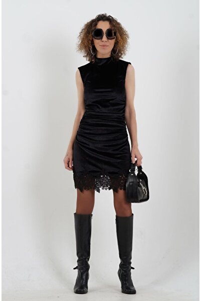 Zelish My Sister Siyah Etek Ucu Dantel Kadife Elbise