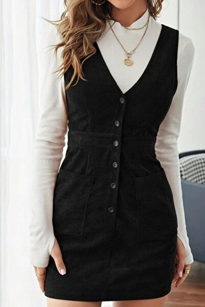 Mossta Buttoned Velvet Fabric Mini Dress - Black