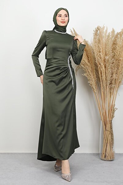 Maelys Satin Evening Dress Khaki