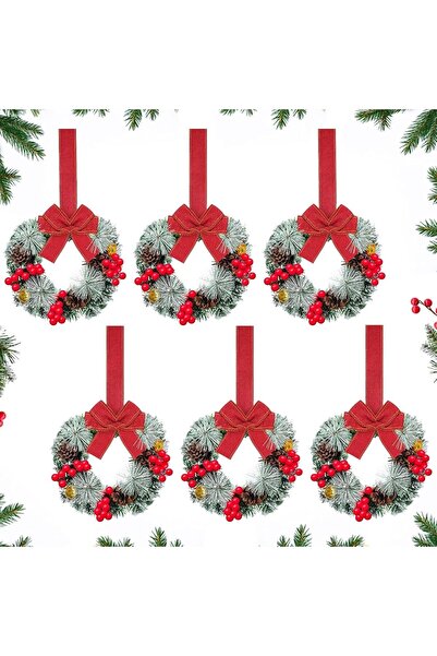 Generic 20cm Mini Christmas Wreaths, Farmhouse Artificial Hanging Wreath with Ribbon, 6-Pack