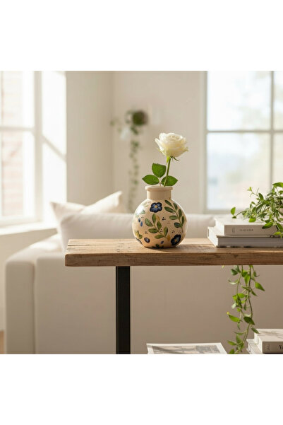 BELLATRİX ATÖLYE Krem – Çiçek Desenli Dekoratif Mini Vazo – 7,5x7,5 cm