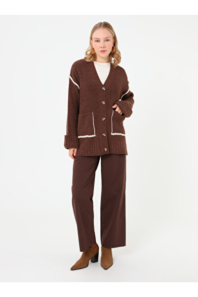 Benin Contrast Detailed Knitwear Cardigan - Brown -