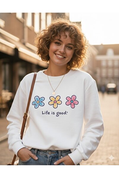 BW Bravely Wear سترة نسائية بياقة دائرية مطبوعة بعبارة 'الحياة جيدة' من PAPAT...