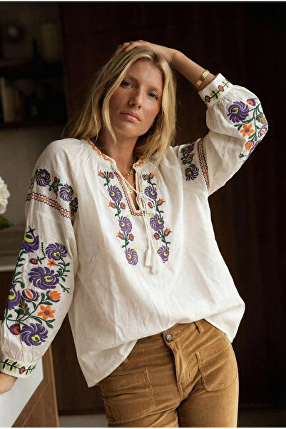 FEMELLE Women's White Collar Tassel Balloon Sleeve Embroidered Cotton Blouse