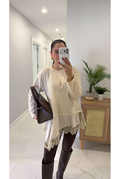 BİRCANÇİL بلوزة نودري بيج بتفاصيل دانتيل على حافة التنورة