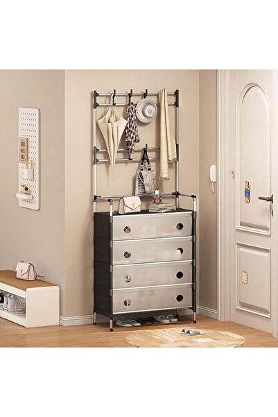 Tenzo Suport multifuncțional cu 5 niveluri pentru hol/dulap, cu tijă de agățat, dulapuri și raft pentru pantofi - alb-negru