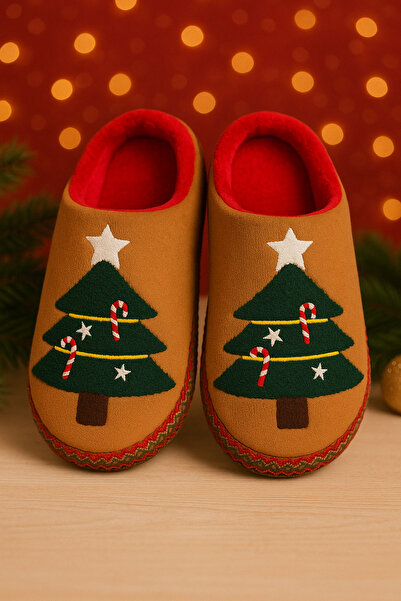 Modares Store Pine Tree Patterned Christmas Themed House Slippers Non-Slip Sole