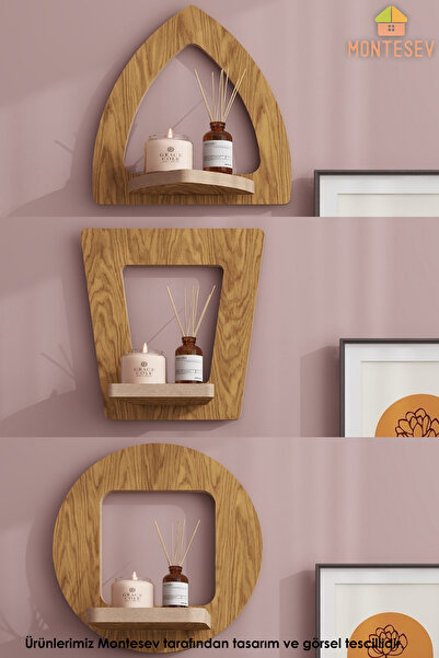 MONTESEV Ahşap Dekoratif Duvar Rafı 3 lü Set ( MTSV - 541)