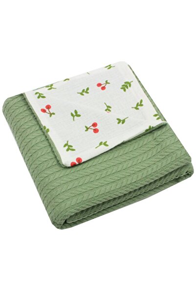 PRICHINDEL Pătură tricotată Anna, muselină inversată, cireșe, 80 x 100 cm, verde