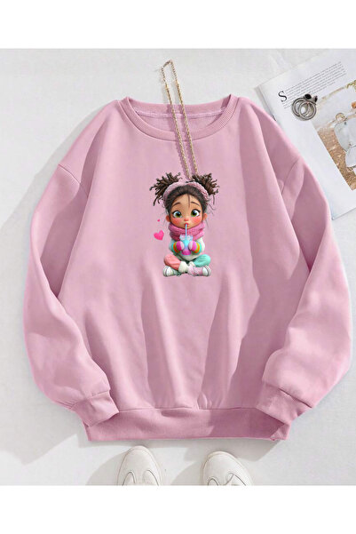 SUNFREE Cute Girl Cotton Pink Sweatshirt with Circular Neck