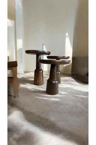 Simillo Home&Living Ceviz Renk Masif Ahşap Mantar Sehpa 3’lü Set Fiskos ve Zigon