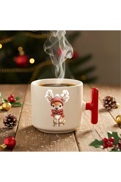 Finka Dekor غزال صغير يرتدي قبعة بيريه لرأس السنة مطبوع - كوب سيراميك هدية