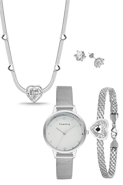 Forentina Gri Yılan Zincir Kalpli Kolye Bileklik Küpe-Saat Kombin PS4117