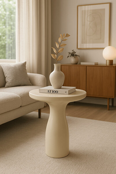 Simillo Home&Living Modern Tarz Doğal Masif Krem Renk Mantar Yan Sehpa