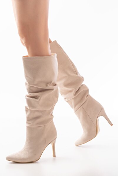 Zerenyus Zri̇n-C-2003 Premium Beige Suede Bellows Slim Heeled Casual Women's Boots