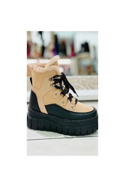 OIM Fashion App Women's Fur-Lined Boots, Beige/Black